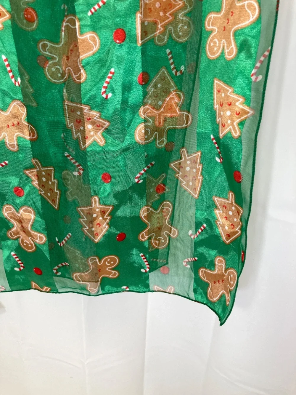 Christmas Scarf Green Silk Feel Gingerbread All Over Print NWT Bay Studio